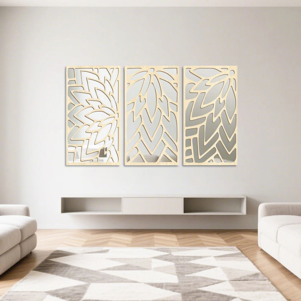 OptiBloom Mirror – 3-Piece Leaf-Shaped Wall Mirror Set | Modern Wooden & Acrylic Statement Decor