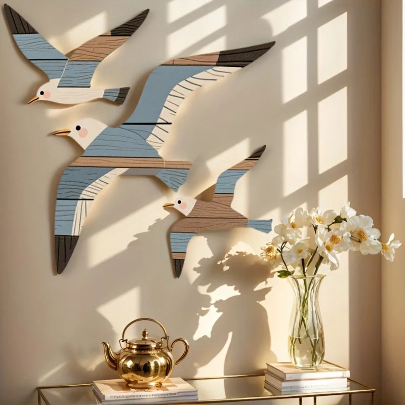 OptiWall Birds – Wooden Seagull Wall Decor Set of 3 | Coastal Nautical Home Decoration