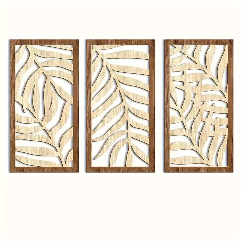 OptiArt Palm – 3-Piece Carved Wood Wall Decor | Tropical Hollow Leaf Art Set for Living Room