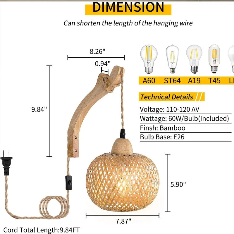 OptiGlow Rattan – Hand-Woven Bamboo Wall Lamp | E27 Boho Lantern for Bedroom, Foyer & Dining Room