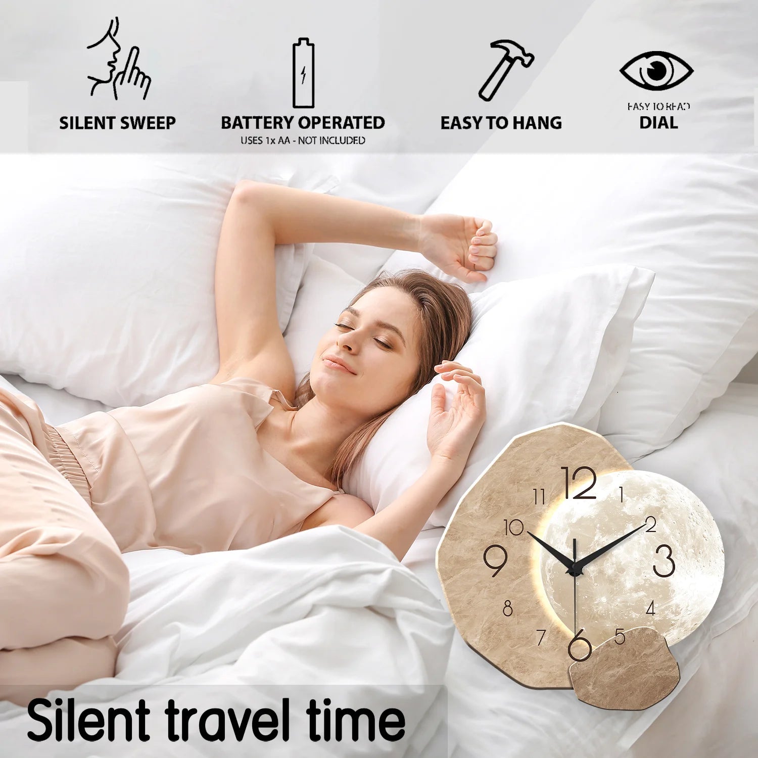 OptiTime Moon – Silent Modern Wall Clock | Quartz Wooden Moon Design for Bedroom, Living Room & Office