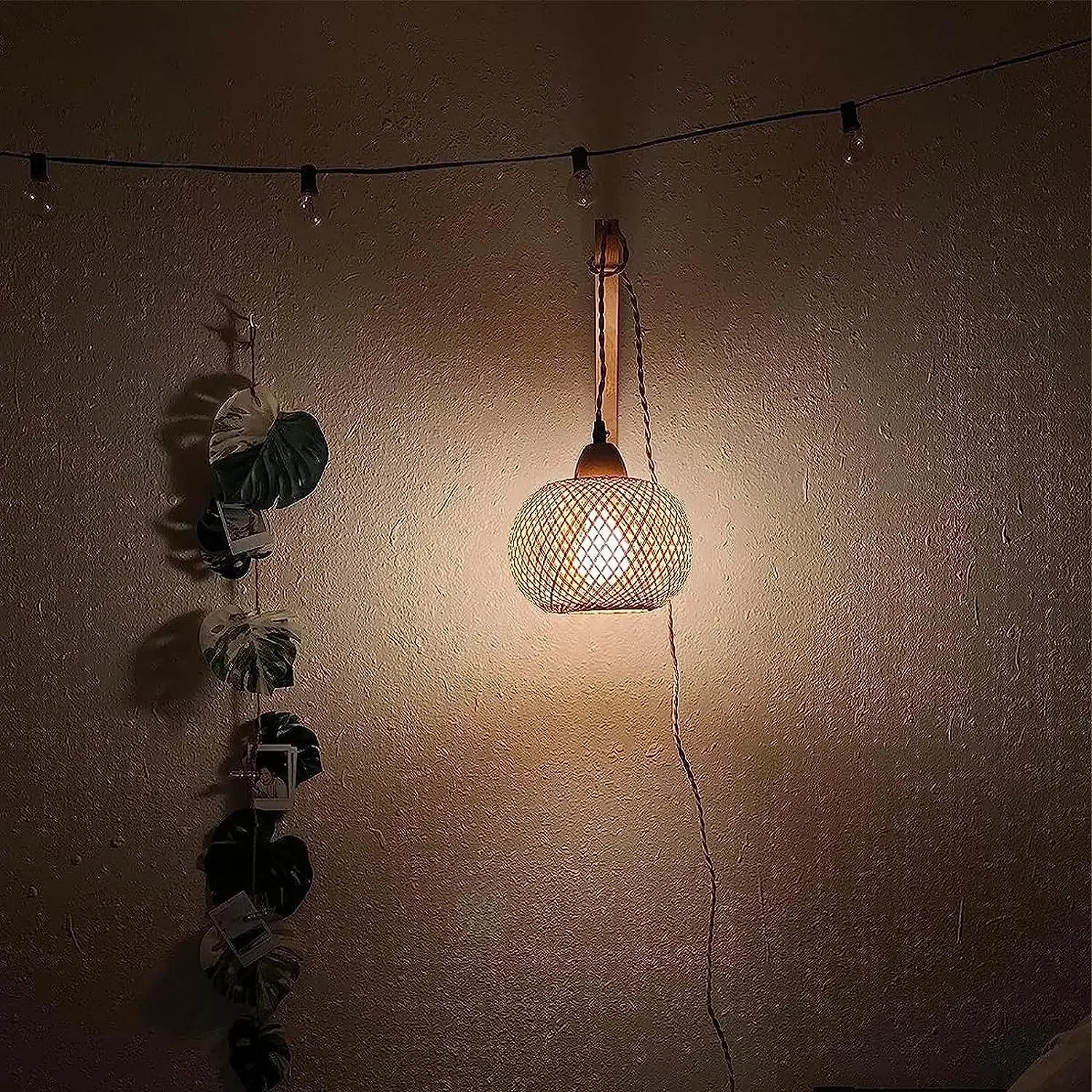 OptiGlow Rattan – Hand-Woven Bamboo Wall Lamp | E27 Boho Lantern for Bedroom, Foyer & Dining Room