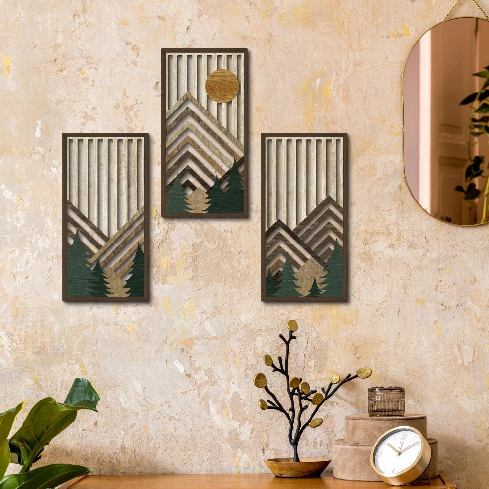 OptiArt Sun – 3-Piece Retro Boho Wood Wall Art | Pine & Sun Mural Set for Living Room & Bedroom