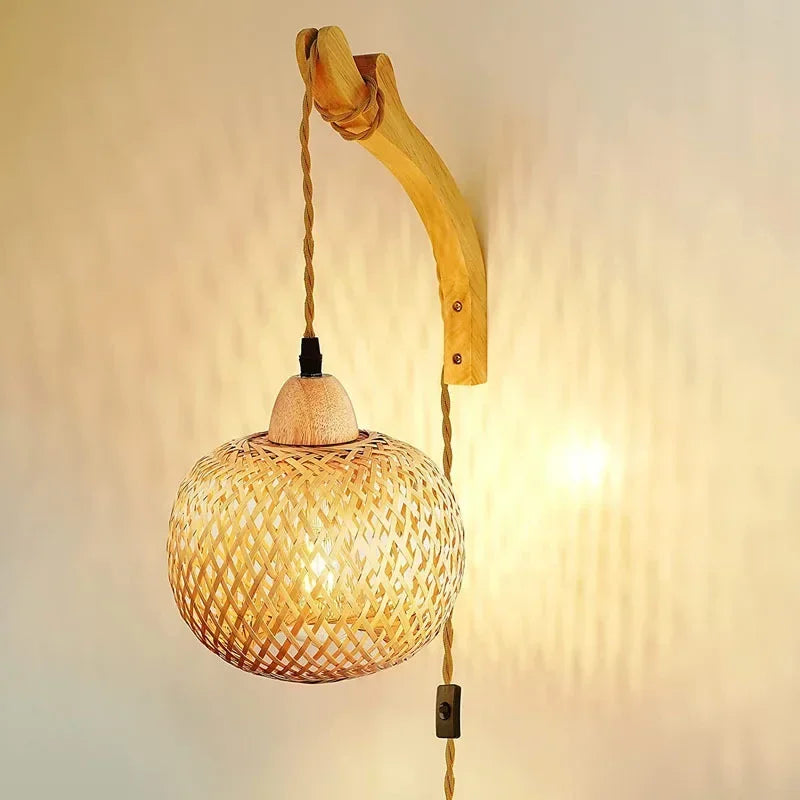 OptiGlow Rattan – Hand-Woven Bamboo Wall Lamp | E27 Boho Lantern for Bedroom, Foyer & Dining Room