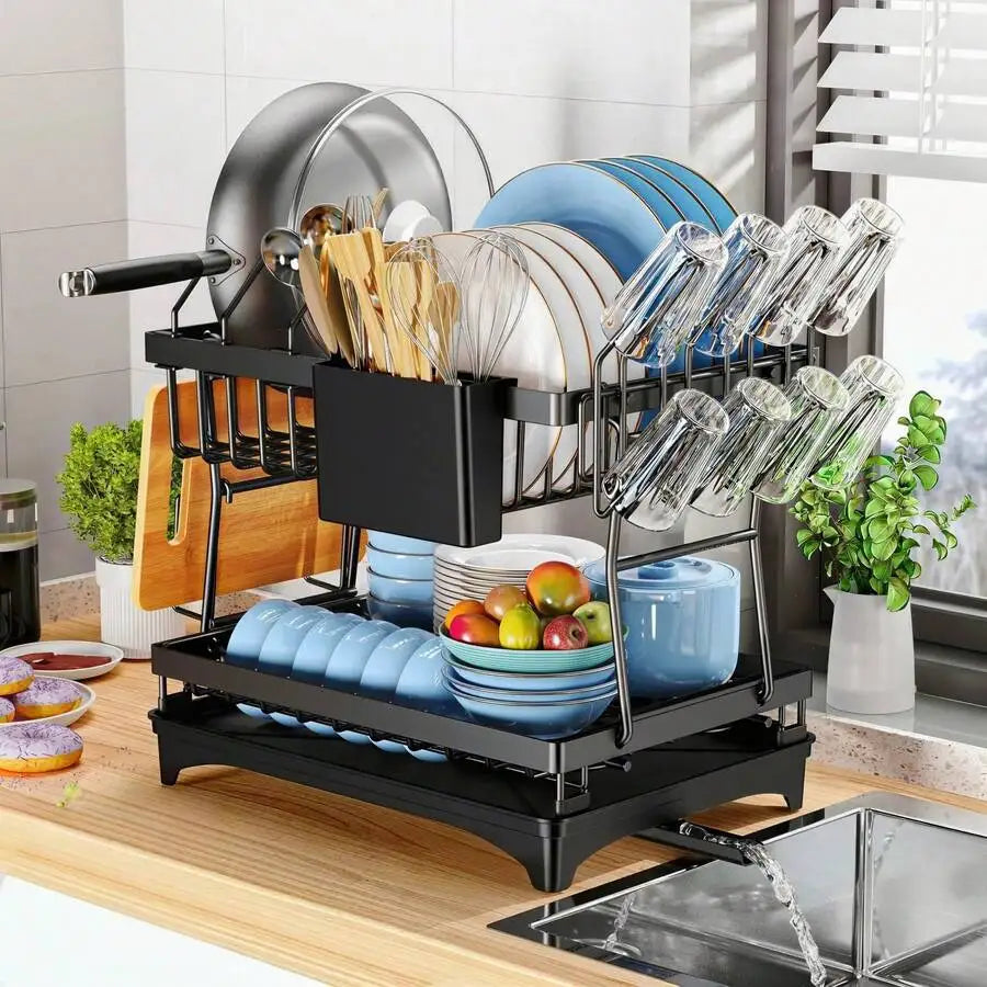 OptiDrain Pro – 2 Tier Dish Drying Rack Stainless Steel | Large Kitchen Counter Drainboard