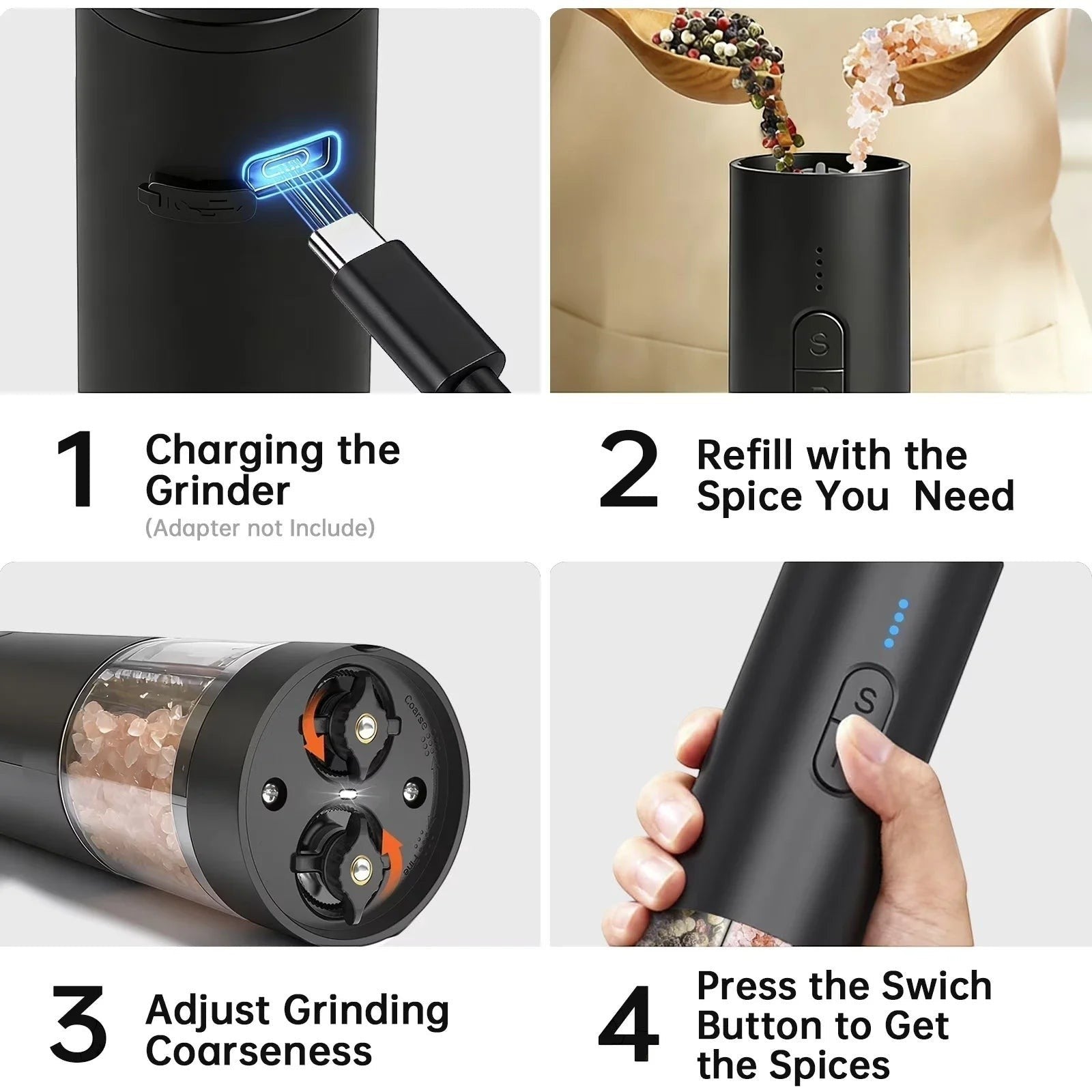 OptiHome matte black electric salt and pepper grinder with USB charging, adjustable coarseness, and LED light.