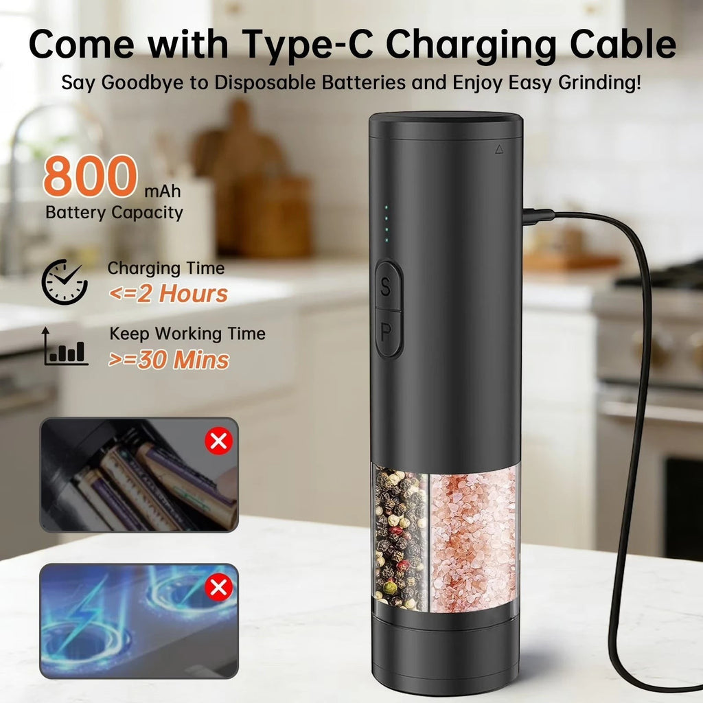 OptiHome matte black electric salt and pepper grinder with adjustable coarseness and LED light, USB rechargeable.