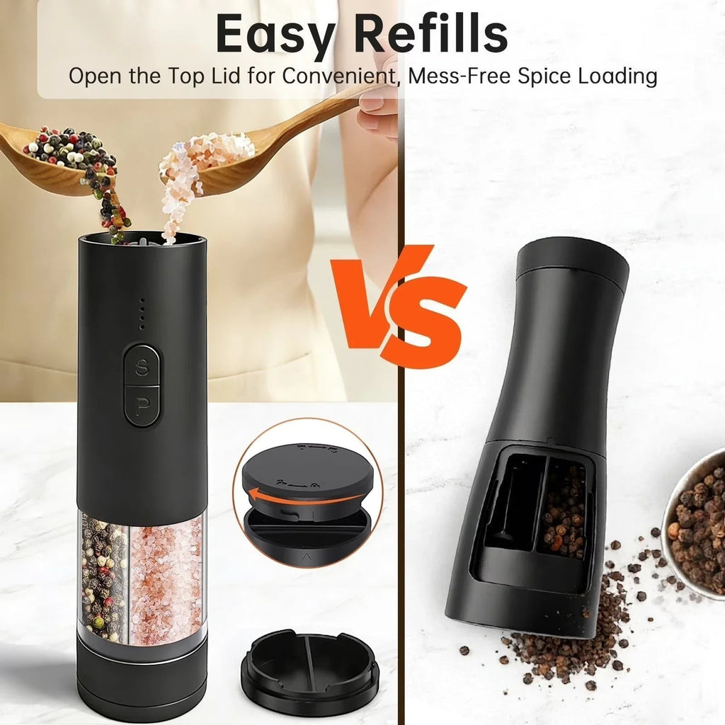 OptiHome matte black electric salt and pepper grinder with adjustable coarseness and LED light. One-hand operation.