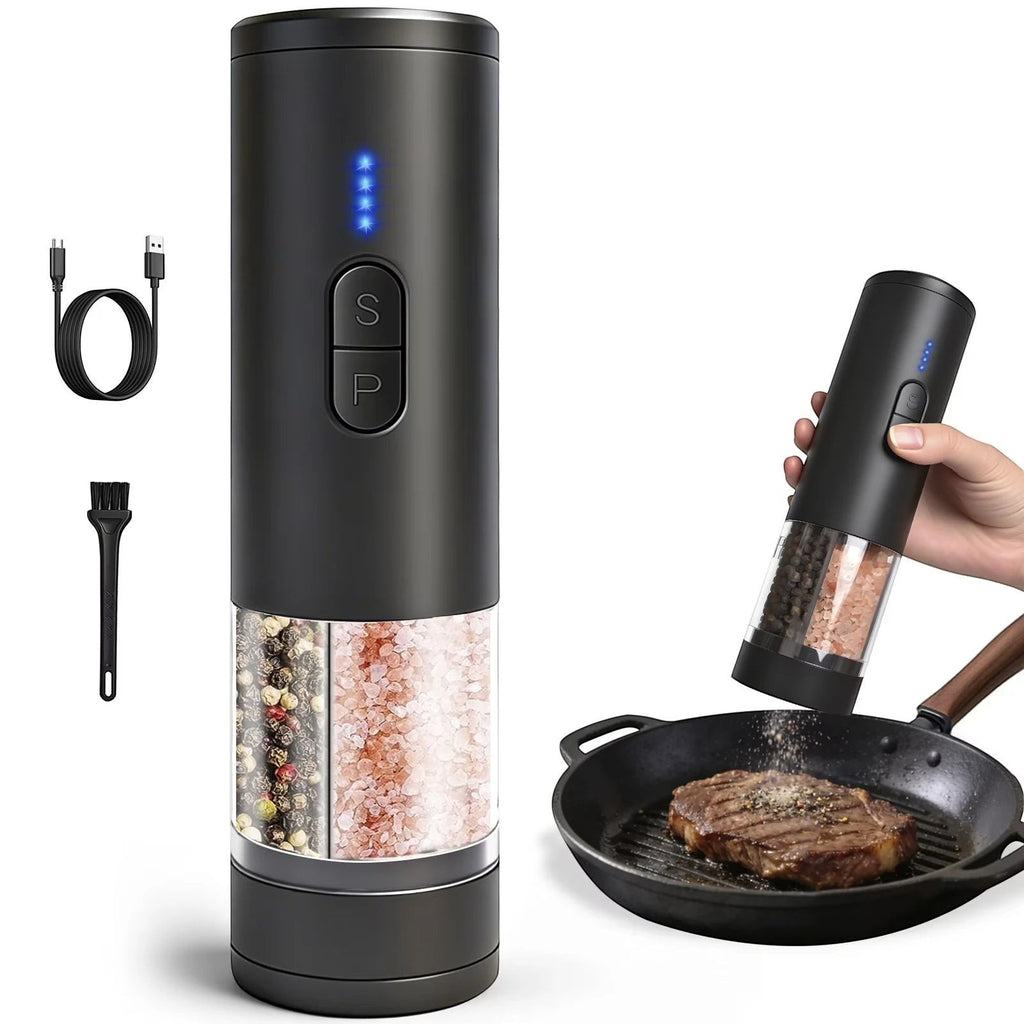 OptiHome matte black electric salt and pepper grinder with adjustable coarseness and LED light, USB rechargeable.