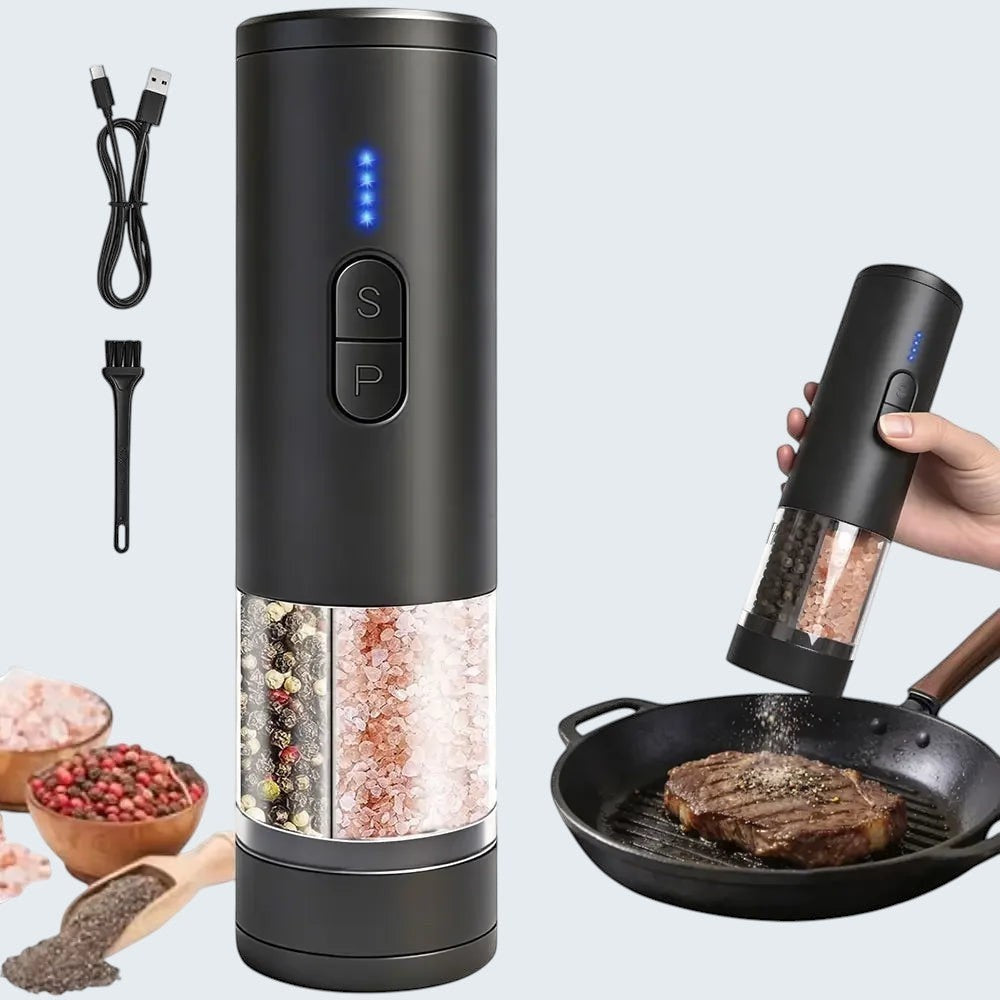 OptiHome matte black electric salt and pepper grinder with adjustable coarseness and LED light, shown in use over a steak.
