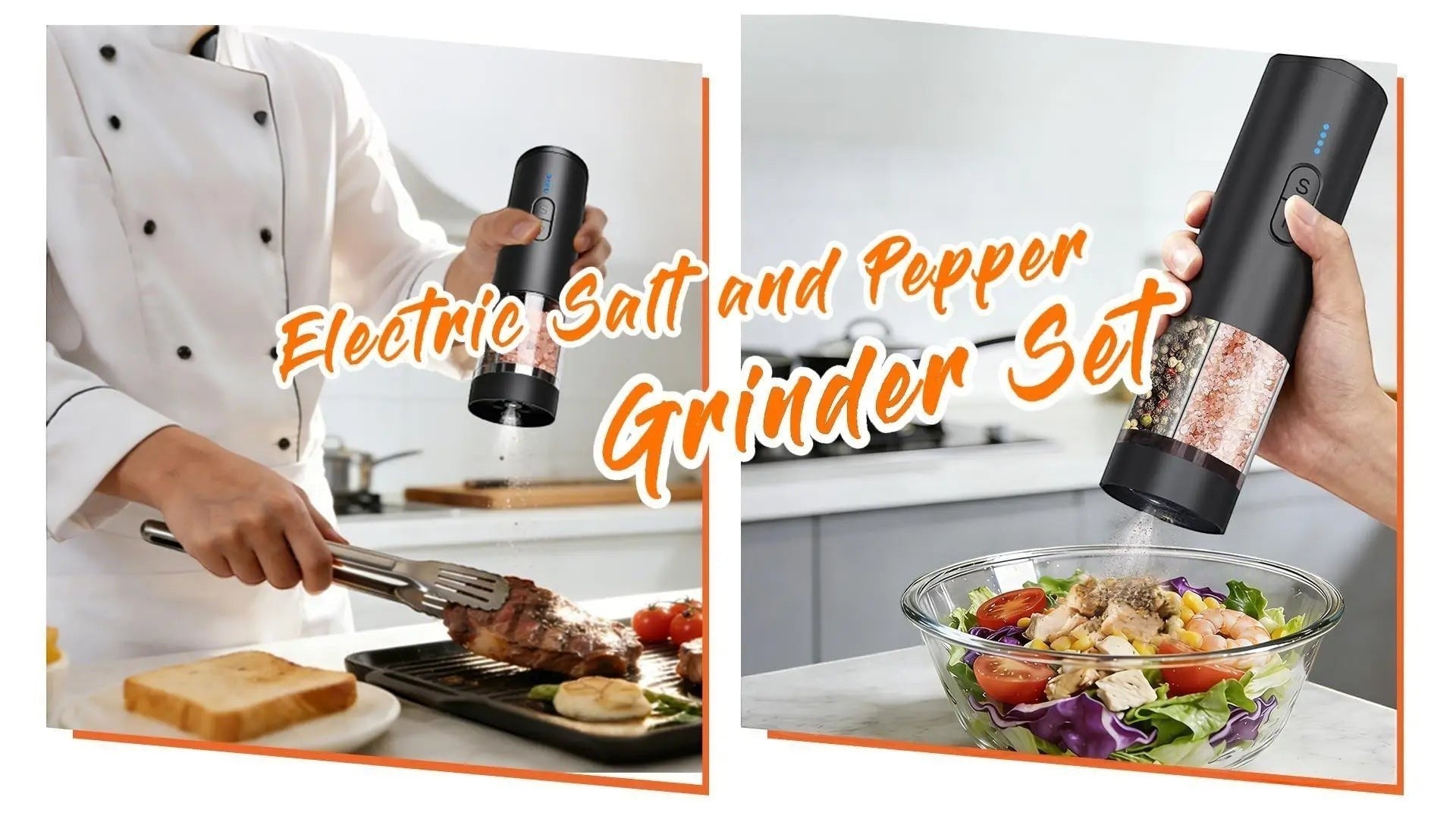 OptiHome matte black electric salt and pepper grinder with adjustable coarseness and LED light, shown in use over a steak and salad.