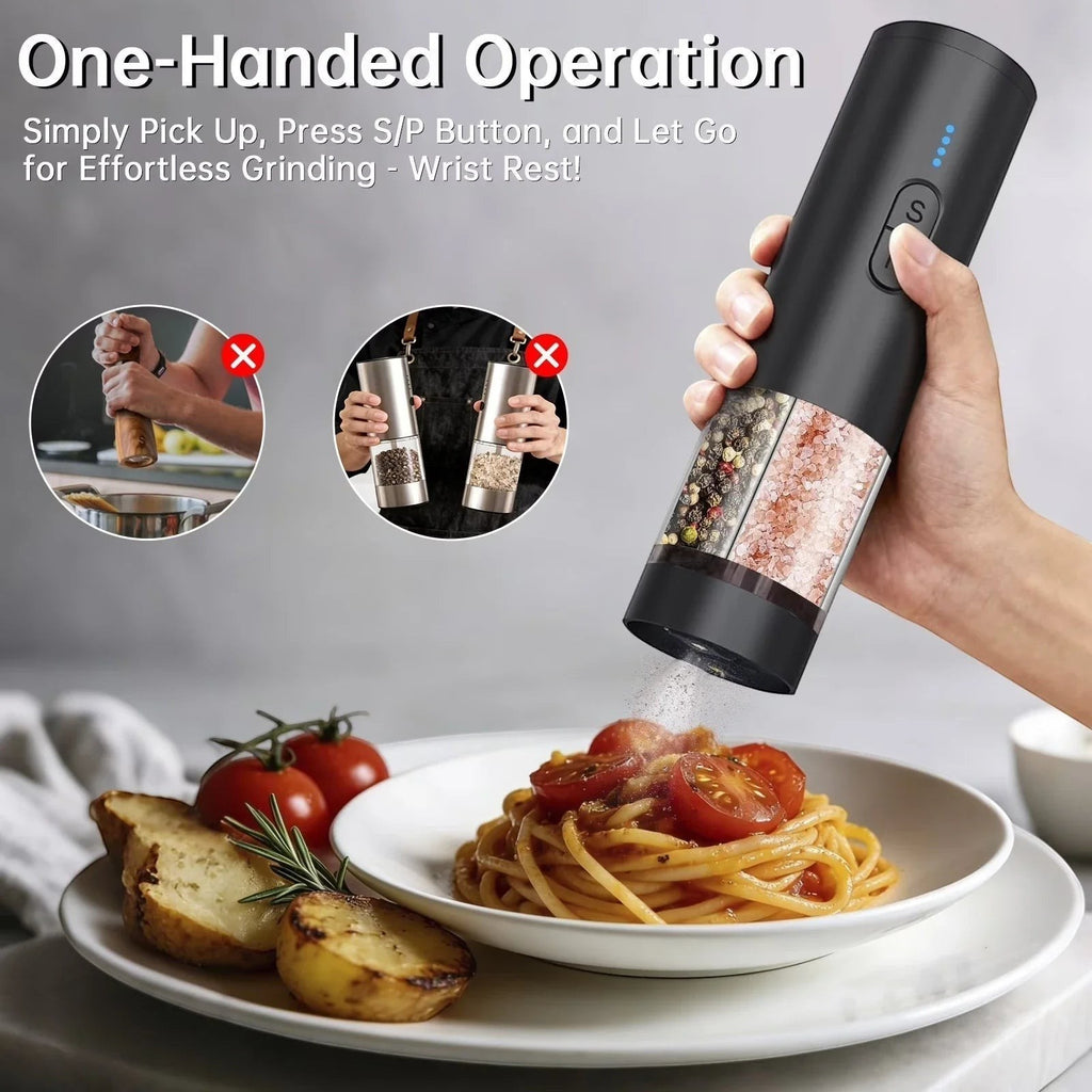 OptiHome matte black electric salt and pepper grinder with adjustable coarseness and LED light, shown seasoning pasta.
