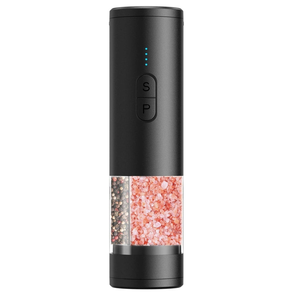 OptiHome matte black electric salt and pepper grinder with adjustable coarseness and LED light. Features separate chambers for peppercorns and pink Himalayan salt.