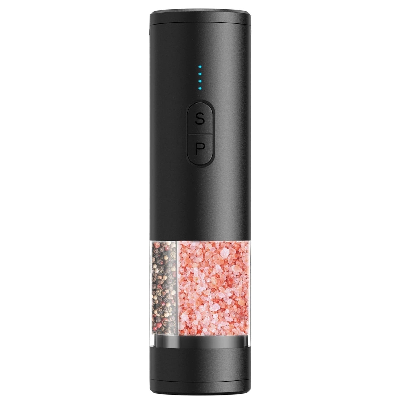 OptiHome matte black electric salt and pepper grinder with adjustable coarseness and LED light. Features separate chambers for peppercorns and pink Himalayan salt.
