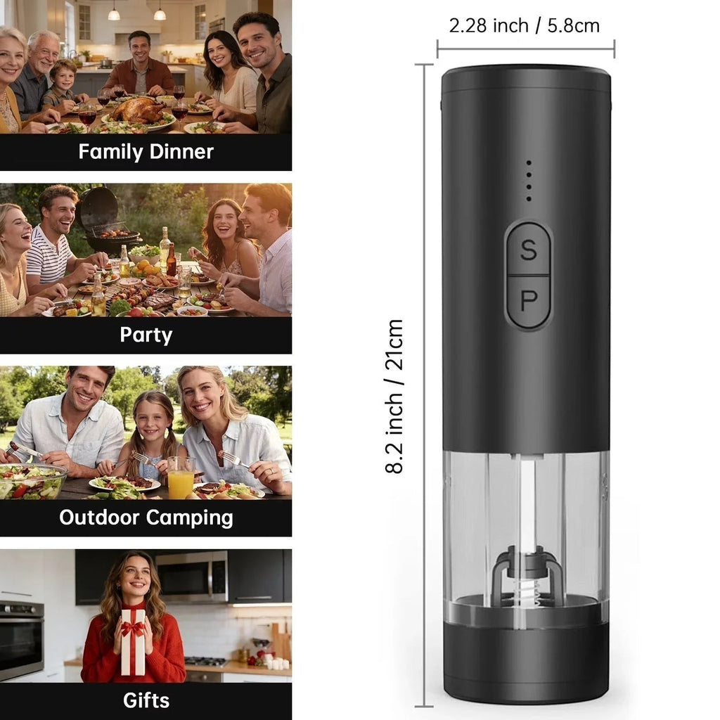 OptiHome matte black electric salt and pepper grinder with adjustable coarseness and LED light, one-hand operation.