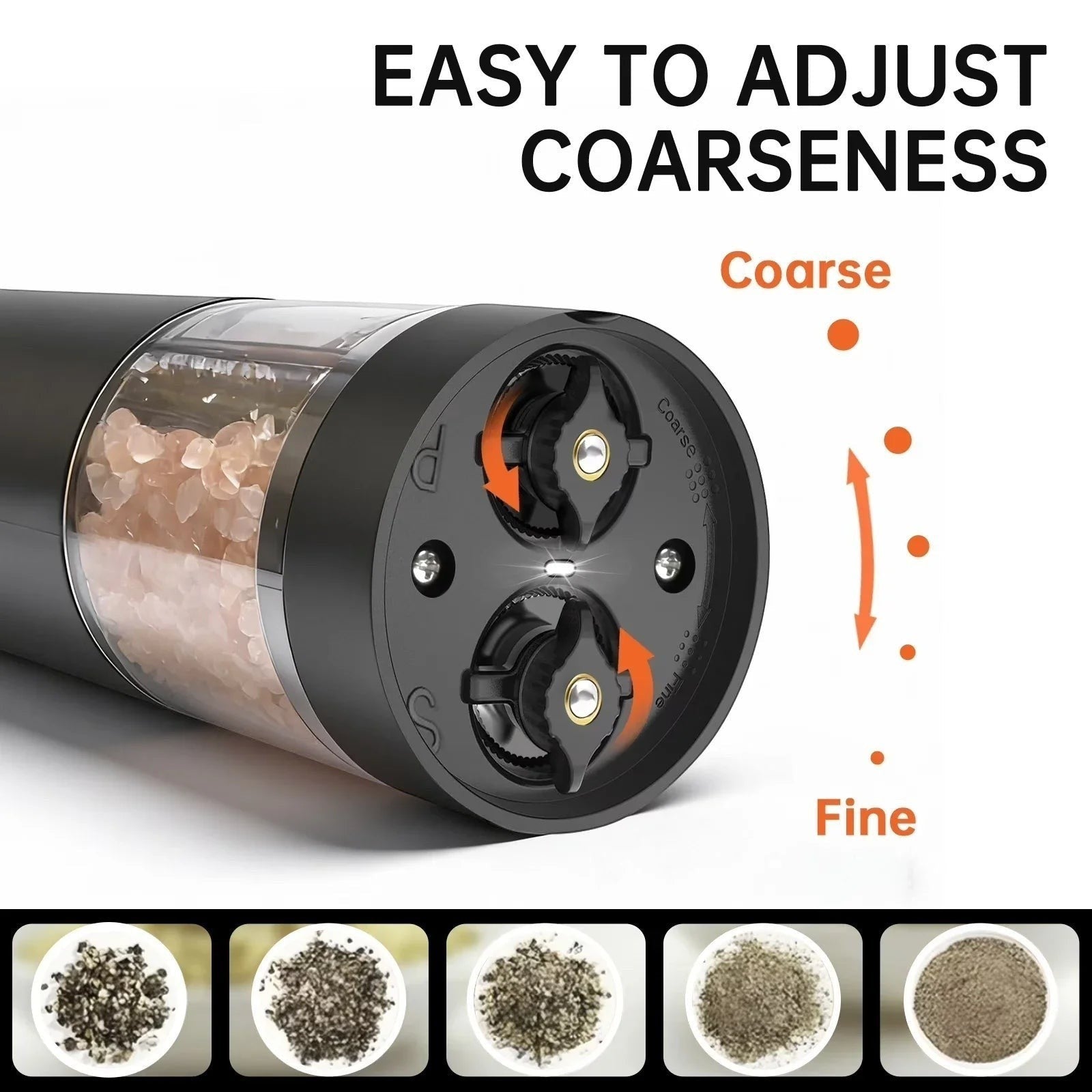 OptiHome matte black electric salt and pepper grinder with adjustable coarseness and LED light. Shows pink Himalayan salt inside.